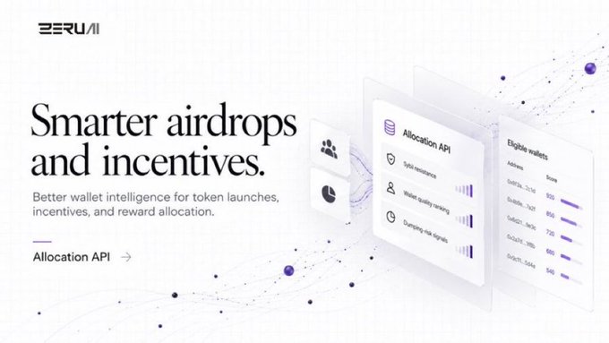 A Beru AI webpage promotes “Smarter airdrops and incentives.” with the subtitle “Better wallet intelligence for token launches, incentives, and reward allocation,” alongside an “Allocation API” card listing wallet intelligence, wallet equity tracking, and changing tier signals.