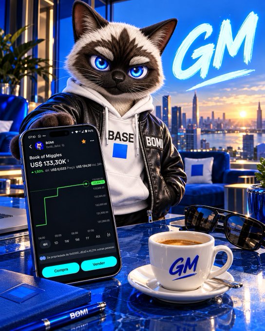 A digital illustration shows a cat in a hoodie and leather jacket sitting at a table with a smartphone displaying a crypto chart, a coffee cup with 'GM' written on it, and a city skyline at sunset in the background.