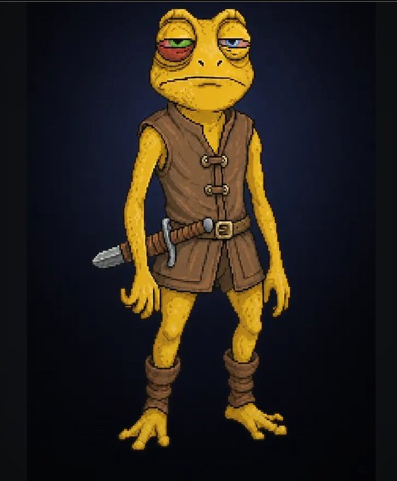 A cartoon frog character dressed in a brown tunic and boots, wearing a dagger at its hip, stands against a dark background with a weary, half-lidded expression. The frog's skeptical, untrusting look visually reinforces the post's theme about not relying on trust ("Trust sh") when exploring new non-custodial P2P wallets on Base, especially while promoting @wex_finance.