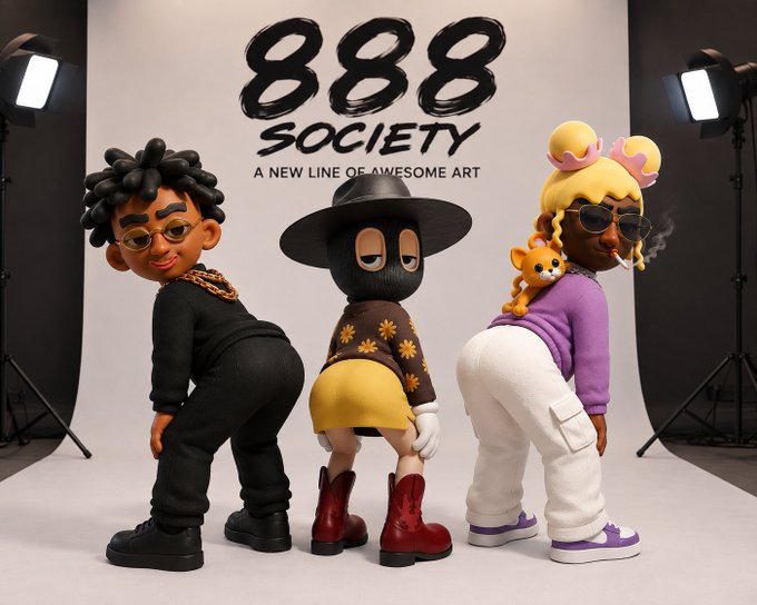 A promotional image for '888 SOCIETY - A NEW LINE OF AWESOME ART' featuring three stylized 3D character figures posing in a photography studio.