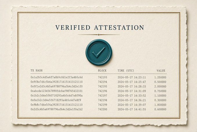 A "VERIFIED ATTESTATION" document displays a blue wax seal with a checkmark, listing transaction details including TX HASH, BLOCK, TIME (UTC), and VALUE columns with entries dated 2024-05-17.