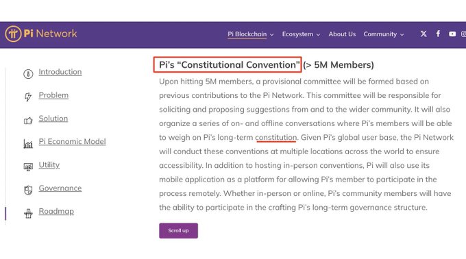 A screenshot from Pi Network's website highlights their "Constitutional Convention" plan, marked in red, which will form a provisional committee once the network surpasses 5 million members to draft Pi's long-term constitution. This visual supports the post's emphasis on Pi Network's decentralized, community-driven governance model, showcasing how global members will participate in shaping the ecosystem's future.