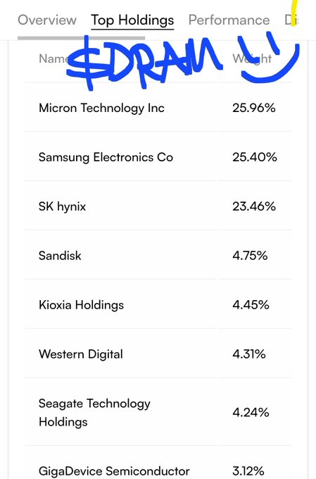 The image shows a "Top Holdings" list for a memory/storage-focused ETF, with companies like Micron Technology (25.96%), Samsung Electronics (25.40%), and SK Hynix (23.46%) dominating the top spots—aligning with the post's $DRAM ticker reference. Additional holdings like Sandisk (4.75%), Kioxia (4.45%), Western Digital (4.31%), and Seagate (4.24%) connect to the $DISK storage theme, illustrating the major DRAM and storage/HDD companies in the fund.