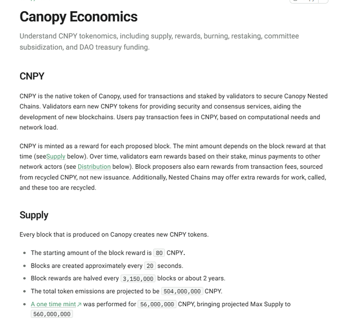 A documentation page titled 'Canopy Economics' explaining CNPY tokenomics, supply, rewards, and distribution, with figures including a starting block reward of 80 CNPY, blocks every 20 seconds, and total emissions of 504,000,000 CNPY.