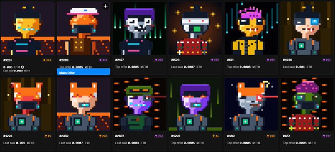 A dark-themed digital interface displays a grid of pixel-art avatar collectibles, each with an ID number, a price in WETH, and recent sale or offer information.