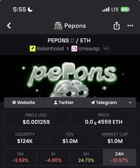 A mobile app screenshot displays the 'PEPONS' cryptocurrency token priced at $0.001259 (0.0₆4559 ETH), with $124K liquidity and $1.0M market cap, showing -12.57% change over 24H.