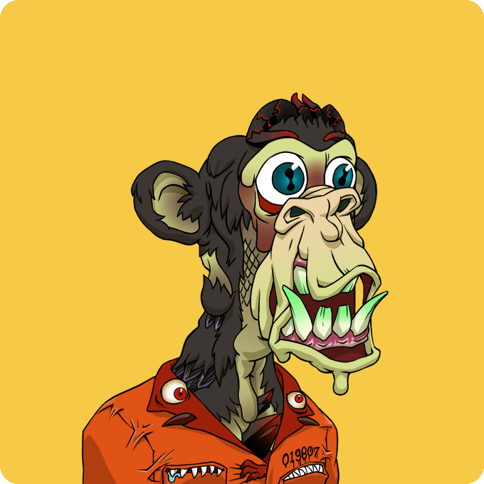 A cartoon illustration of a Bored Ape-style NFT character with dark fur, large teeth, and an orange prison-style shirt against a yellow background.