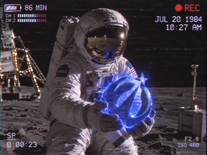 The image shows an astronaut in a spacesuit on a lunar surface, dated JUL 20 1984, holding a glowing blue dollar-sign symbol ($) that resembles the Konet ($KONET) logo, overlaid with camcorder-style recording interface text including "86 MIN," "REC," "SP," "0:00:23," "F2.8," and "ISO 400."

The post compares building robust payment infrastructure to the monumental achievement of lunar exploration, using the astronaut holding the $KONET symbol as a visual metaphor for reaching the "next frontier" of borderless, reliable digital payments.