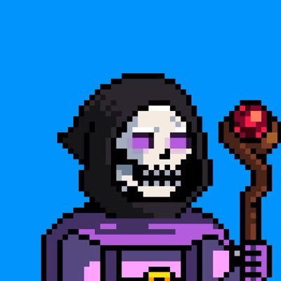 A pixel art illustration depicts a skeletal figure with glowing purple eyes wearing a dark hood and purple robe, holding a wooden staff topped with a red orb against a blue background.