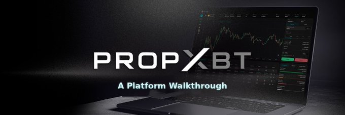 A promotional banner for 'PROPXBT' featuring a laptop displaying trading charts and the text 'A Platform Walkthrough'.