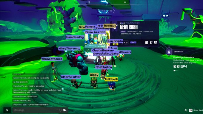A screenshot of a Roblox game lobby called "GEM RUSH" with various players visible, usernames like "MikeyThereum", "HamBearPig", and "playcrypto" displayed, and a timer showing 00:57:07.