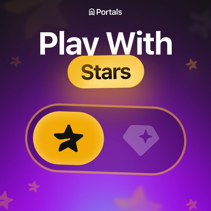 A promotional graphic with a purple gradient background reads 'Portals Play With Stars,' featuring an orange toggle button.