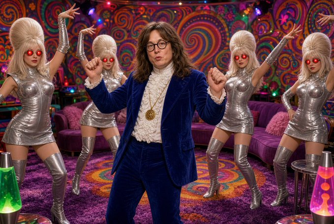 A psychedelic scene featuring a man with glasses and a blue velvet suit dancing with backup dancers in silver metallic outfits and beehive wigs in a colorful retro room.