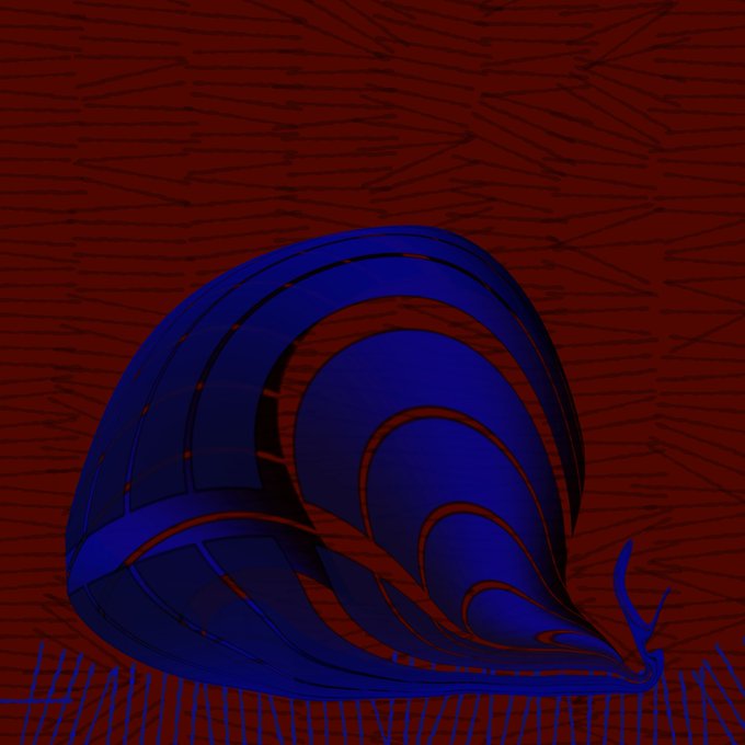 A stylized digital illustration of a blue snail with a spiraled shell against a textured red background with grass-like strokes at the bottom.