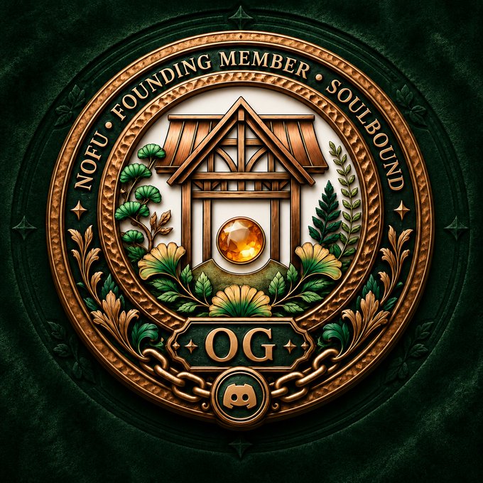 A decorative digital emblem with a green and gold ornate border, featuring the text 'NOFU FOUNDING MEMBER SOULBOUND' and 'OG,' along with a house structure, a glowing orange gem, and Discord icons.