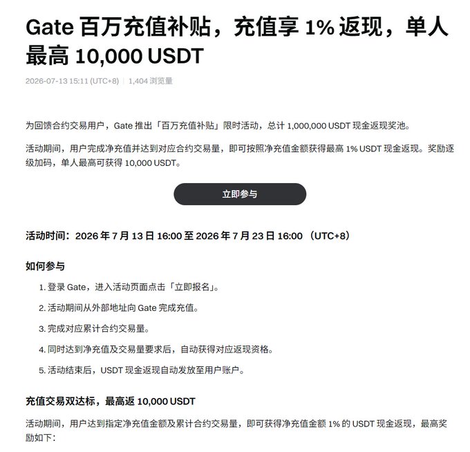 The image is a Chinese-language promotional announcement from Gate (Gate.io) advertising a limited-time "Million USDT Recharge Bonus" event offering 1% cashback on net deposits, with a maximum reward of 10,000 USDT per user, running from July 13-23, 2026. The caption's theme of users urgently needing to withdraw funds contrasts ironically with the image's promotion of depositing money onto the same platform, highlighting the promotional pressure tactics used by exchanges to attract deposits.
