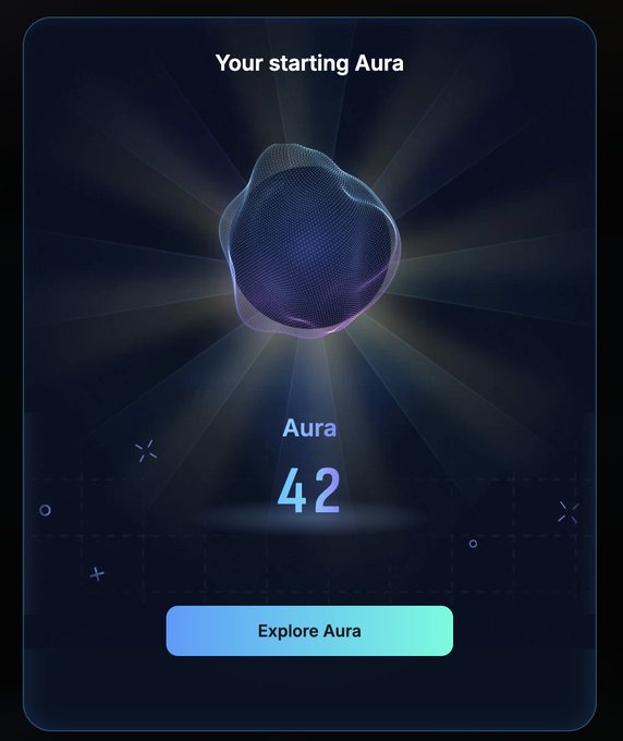 Mobile app screen displaying 'Your starting Aura' as a 3D wireframe purple object with an 'Aura 42' rating and an 'Explore Aura' button.