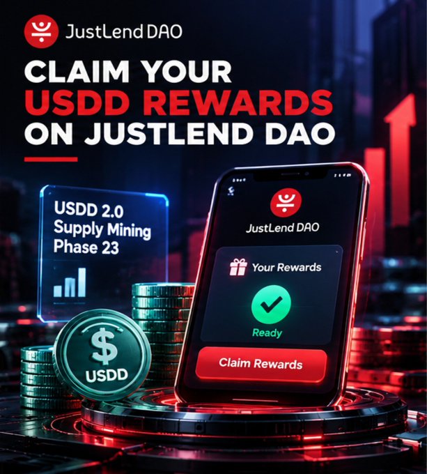 A promotional image for JustLend DAO encouraging users to 'CLAIM YOUR USDD REWARDS,' showing a smartphone interface with a 'Claim Rewards' button and USDD 2.0 Supply Mining Phase 23 details.