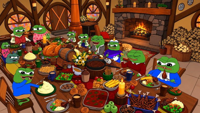 A vibrant cartoon illustration of Pepe the Frog characters gathered around a long dining table filled with a feast, including a turkey, mashed potatoes, and ribs, in a cozy room with a fireplace.