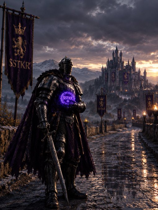 A fantasy illustration depicts an armored knight holding a sword and a glowing purple orb marked 'SSTKR', standing on a wet stone path with a castle and banners displaying 'SSTKR' in the background.