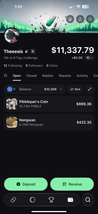 A screenshot of the Pumpfun mobile app showing a user profile "Theeesis" with a $11,337.79 portfolio balance, displaying holdings in Pibblepan's Coin ($899.36) and Nongwan ($422.35), along with "10k to 6 Figs challenge" and "12 Following, 0 Followers" stats. The image aligns with the post's message by visually showcasing the trader's mobile trading platform setup as they launch a new "10k to 100k challenge."
