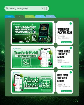 Tokocrypto promotional page featuring World Cup Pick'em 2026, Trade & Hold Tokenized Stocks, and First Trade campaigns with a Rp1 Miliar prize pool.