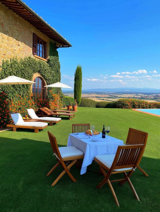 The image shows a beautiful outdoor patio area of a house, featuring a dining table surrounded by chairs with white tablecloths. There are also two umbrellas providing shade for the seating arrangement. A bottle of wine can be seen on one end of the table, and there is a plate of food placed next to it. The scene appears to be set in an outdoor garden or patio area, creating a relaxing atmosphere for enjoying meals and drinks.