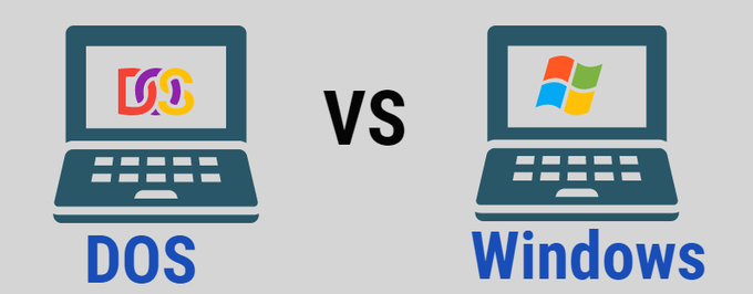 The image depicts a visual comparison between two laptop icons, with the left laptop displaying the "DOS" logo and labeled "DOS," while the right laptop shows the Windows logo and is labeled "Windows," separated by "VS" text. This illustrates the post's discussion of $dos, suggesting that the dappOS project's AI operating system serves as a modern, accessible alternative to traditional systems like DOS and Windows.