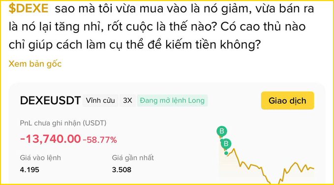 Vietnamese social media post asking for trading advice on $DEXE, accompanied by a trading chart showing the DEXEUSDT perpetual contract with a -13,740.00 (-58.77%) PnL, having dropped from 4.195 to 3.508.