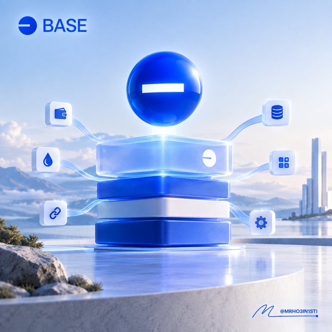 Promotional graphic for 'BASE' featuring a blue sphere on a glowing pedestal connected to floating icons representing wallet, database, and other functions, with '@MRH03IN1ST1' watermark.