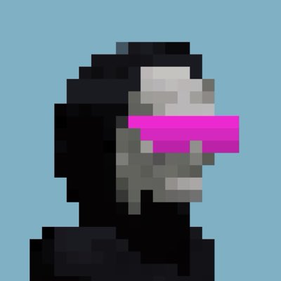 A heavily pixelated, low-resolution dark figure or character set against a light blue background with a bright pink/magenta rectangular block obscuring the eye area.