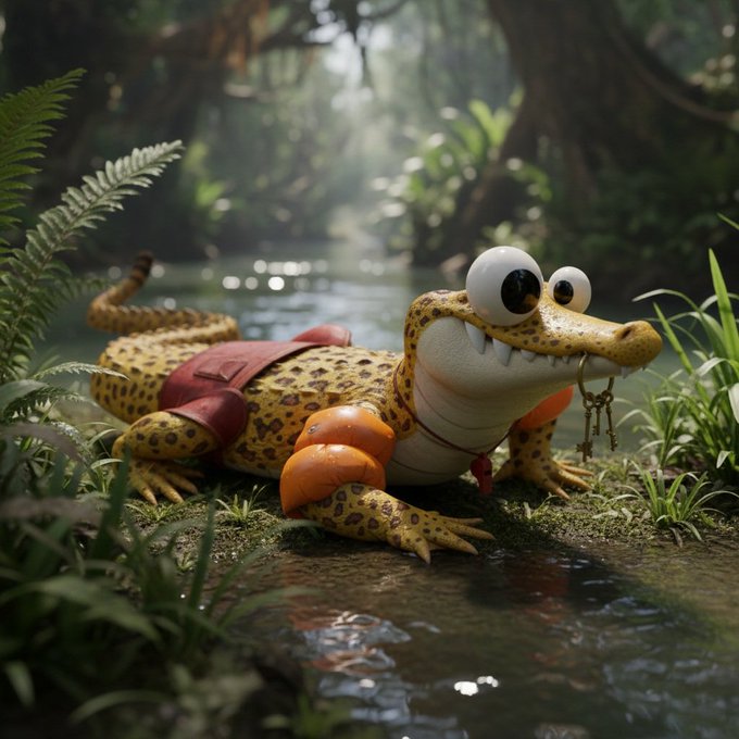A 3D-rendered image of a cartoonish yellow and black spotted lizard/caiman with googly eyes, wearing red swim trunks and orange arm floaties, holding keys in its mouth, sitting by water in a jungle setting.