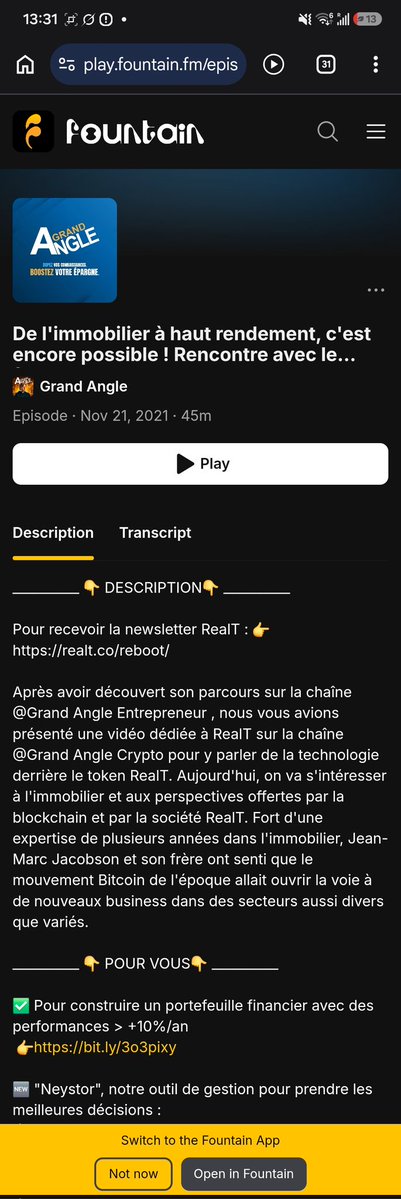 A Fountain podcast episode page titled 'De l'immobilier à haut rendement, c'est encore possible !' from the Grand Angle channel, dated Nov 21, 2021, with a description referencing RealT and Bitcoin.