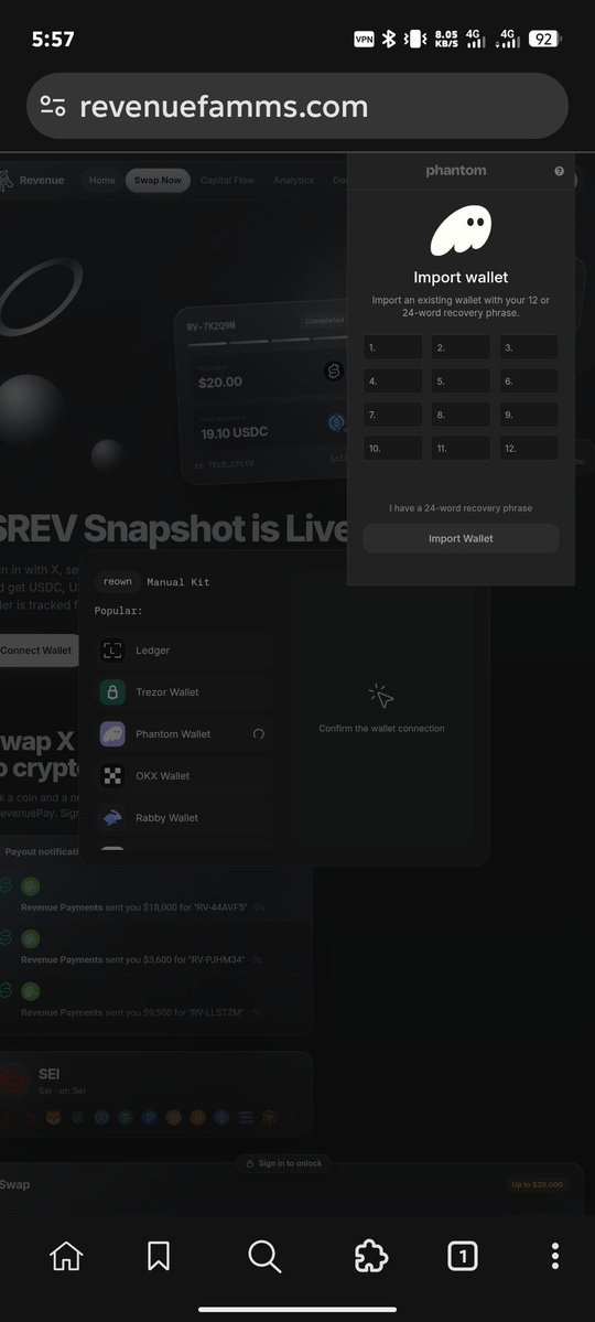 A screenshot of a phone displaying revenuefamms.com with a Phantom wallet import dialog overlay showing fields for a 24-word recovery phrase, set against a dark mode crypto dashboard interface.
