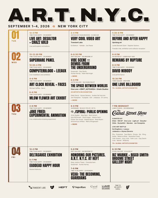 An A.R.T.N.Y.C. event schedule poster for September 1-4, 2026, in New York City, listing various art exhibitions, panel discussions, and openings including "LIVE ART: DESULTOR x CHAZZ GOLD," "SUPERRARE PANEL," and "JAKE FRIED: EXPERIMENTAL ANIMATION," with sponsors like Transient Labs and SuperRare.