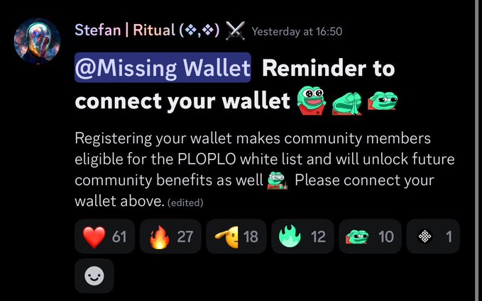 A Discord message from 'Stefan | Ritual' reminding @Missing Wallet users to connect their wallets to be eligible for the PLOPLO white list and unlock future community benefits, with various reaction emojis showing 61 hearts, 27 fire, 18 pointing, 12 other fire, 10 pepe, and 1 other reactions.