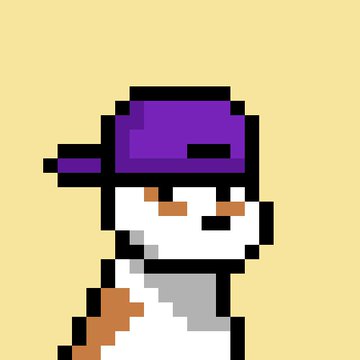 A pixel art style illustration featuring a white character wearing a purple cap against a solid beige background.