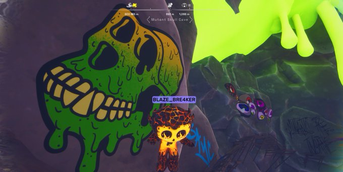 Video game screenshot showing a lava-textured character named 'BLAZE_BREAKER' in 'Mutant Devil Cave', standing near a green skull graffiti mural.