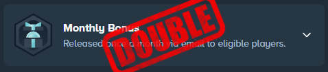 A Stake Monthly Bonus section is shown with text stating "Released on the 1st of each month to eligible players," overlaid with a bold red "DOUBLE" stamp, promoting the doubled monthly bonus offer for users under the code LIVIA.