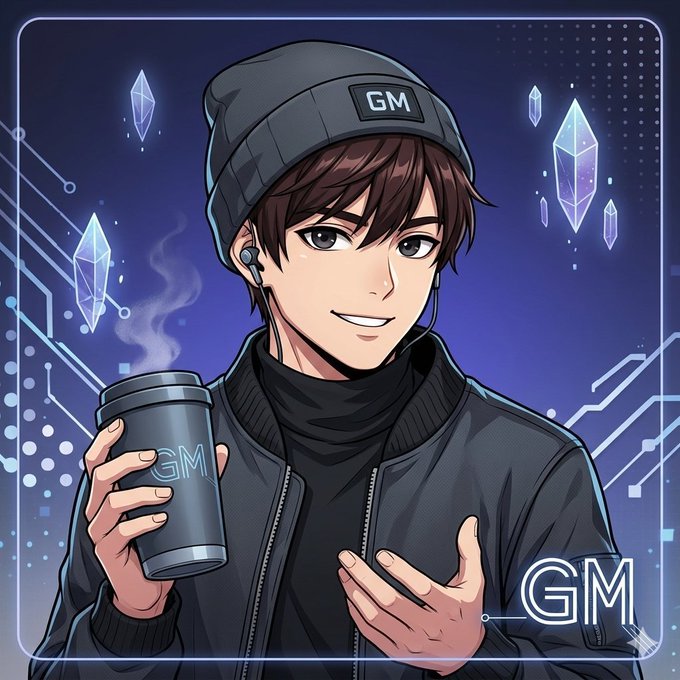 An anime-style illustration of a smiling boy in a black beanie and jacket labeled 'GM', holding a steaming cup with the same 'GM' label against a blue circuit background with crystals.