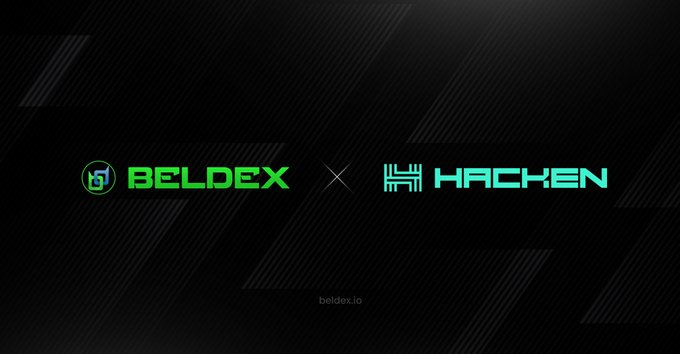 A promotional banner on a dark background showing the logos for 'BELDEX' and 'HACKEN' separated by an 'x', with the website 'beldex.io' at the bottom.