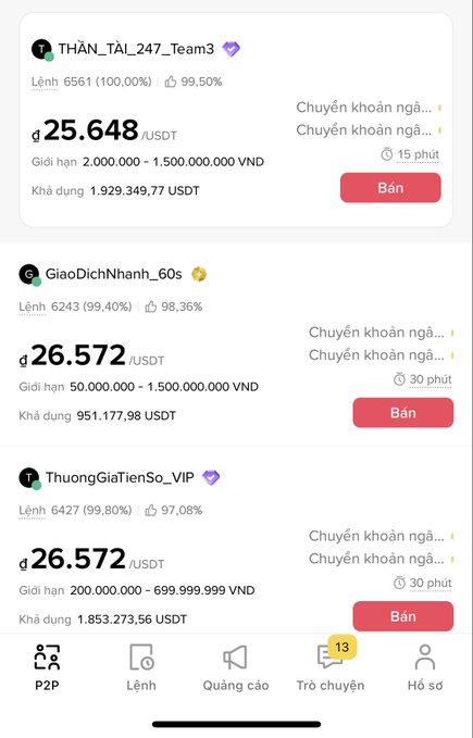 Vietnamese P2P USDT trading app showing sell orders from users like 'THẦN_TẨI_247_Team3' and 'GiaoDichNhanh_60s' with rates around 25,648-26,572 USDT.
