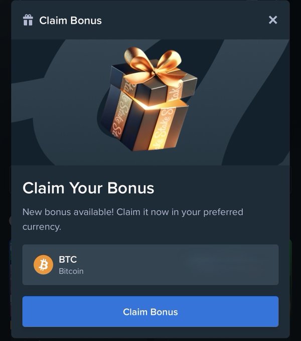 A 'Claim Bonus' pop-up interface featuring a 3D rendered gift box with golden ribbon, offering a new bonus in BTC (Bitcoin) with a blue 'Claim Bonus' button.