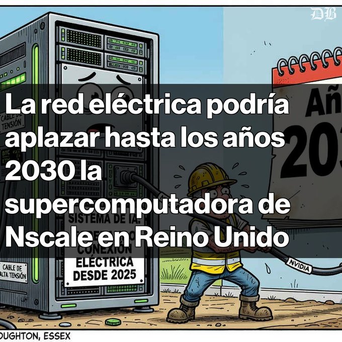 A cartoon illustration depicting a distressed electrical worker pulling a cable labeled 'NVIDIA' away from a distressed-looking computer server, with Spanish text overlay reading 'La red eléctrica podría aplazar hasta los años 2030 la supercomputadora de Nscale en Reino Unido'.
