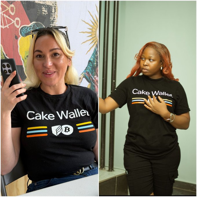 The image features two photos side-by-side with different women wearing black t-shirts that say "Cake Wallet" printed on them. The woman on the left photo has her arm raised, while the other woman on the right photo is holding a cell phone in her hand. Both women are standing next to each other and appear to be posing for the camera.