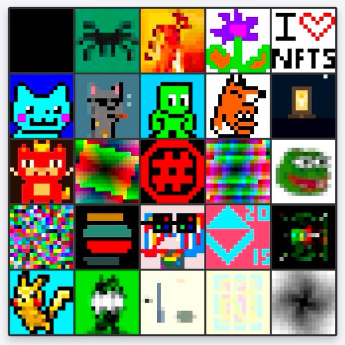 A 5x5 grid of pixel art tiles representing various NFT-style images, including a blue cat, gray mouse, green creature, orange fox, 'I ♥ NFTS' text, and other retro-styled digital art pieces.