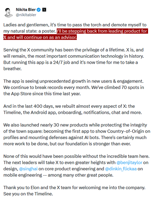 The image shows a tweet from Nikita Bier (@nikitabier) announcing his departure as head of product for X (formerly Twitter), highlighting the highlighted text: "I'll be stepping back from leading product for X and will continue on as an advisor." The accompanying post critiques this leadership change, suggesting his replacement might be more favorable toward the crypto community.