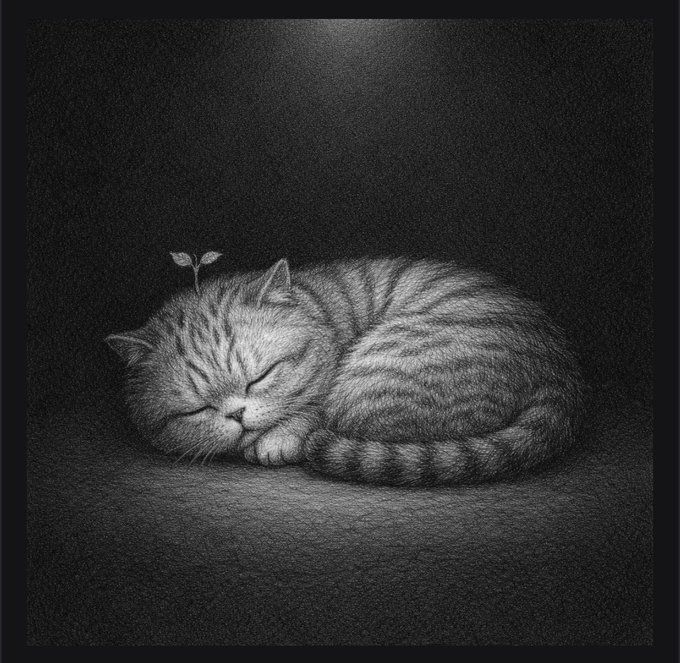 A black and white artistic illustration of a sleeping kitten curled up in the dark with a small plant sprouting above it, creating a peaceful, contemplative mood.