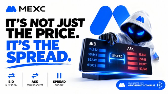 A MEXC cryptocurrency exchange advertisement features a hooded mascot pointing at a bid/ask spread display, with the text 'IT'S NOT JUST THE PRICE. IT'S THE SPREAD.' and icons labeled BID, ASK, and SPREAD.