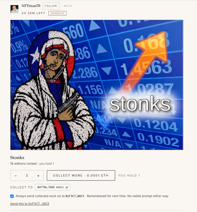 A screenshot from NFTman76's collection showing a pixel art NFT titled 'Stonks' featuring a hooded figure with a gun against a stock market background, available to mint for 0.0001 ETH.